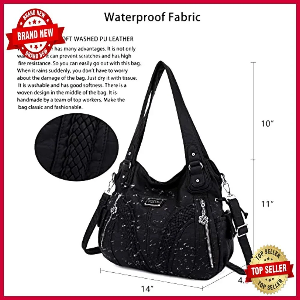 Large Tote Bag with Adjustable Strap, Multiple Pockets, Washed PU Leather
